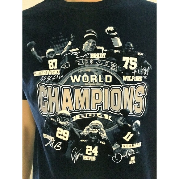 NFL Patriots 4 Time World Champions 2014 T Shirt Adult L Brady Wilfork Navy Blue - Picture 2 of 5